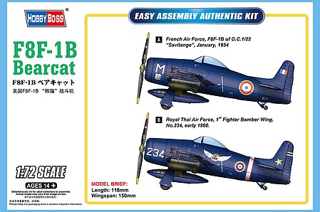 HobbyBoss F8F-1B Bearcat Plastic Model Airplane Kit 1/72 Scale #87268
