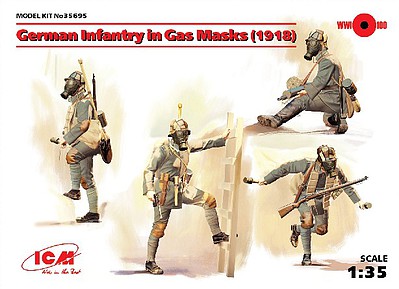 ICM WWI German Infantry in Gas Masks (4)(New Tool) Plastic Model Figure Kit 1/35 #35695