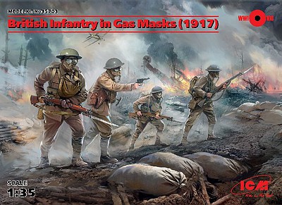 ICM British Infantry in Gas Masks 1917 (4) Plastic Model Military Figure Kit 1/35 Scale #35703