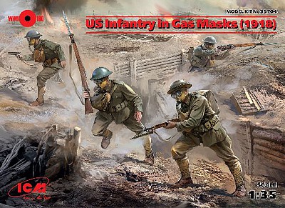 ICM US Infantry in Gas Masks 1918 (4) Plastic Model Military Figure Kit 1/35 Scale #35704