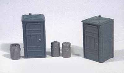 JL Port-a-Potty Set(2) Garbage Cans(3) Model Railroad Building Accessory HO Scale #499