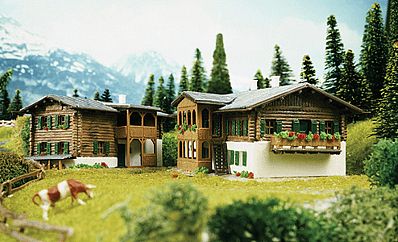 Kibri Mountain Houses in Sertig w/ Fence Kit (2) N Scale Model Railroad Building #37029