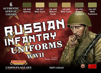 Lifecolor Russian WWII Infantry Uniforms (6 22ml Bottles) Hobby and Model Acrylic Paint Set #cs42