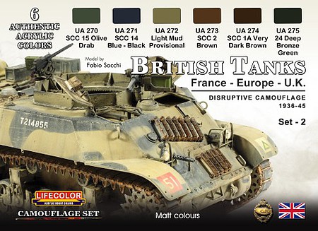 Lifecolor British Tanks FR, EU, UK WWII Disruptive #2 Camouflage Hobby and Model Acrylic Paint Set #cs44
