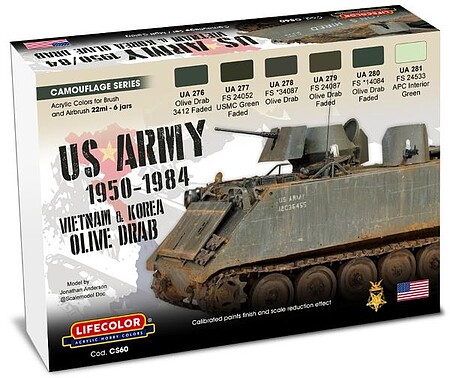 Lifecolor US Army Olive Drab 1950-1980 Camouflage (6 22ml) Hobby and Model Acrylic Paint Set #cs60