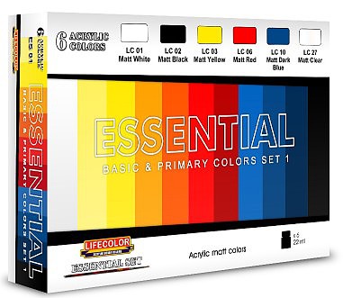 Lifecolor Essential Basic & Primary Colors #1 (6 22ml Bottles) Hobby and Model Acrylic Paint Set #es1