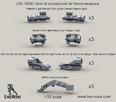 Live-Resin 1/35 Heavy Weapon Accessories (3ea- Polarion Night Reaper CSWL, Surefire Hellfighter Gun Weapon Light, Mk 93 Bracket, DCL120/DCL401 Dot Sight
