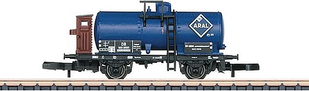 Marklin 2-Axle Tank Car with Brakemans Cab and Bussing Tank Truck Set - Ready to Run ARAL (Era III, blue, brown, black) - Z-Scale
