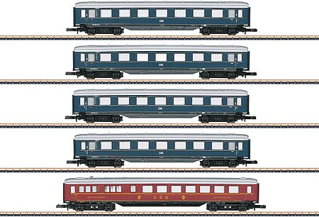 Marklin 4 Type AB4u 1st-2nd Class and 1 WR4ue Diner Set - Ready to Run German Federal Railroad DB (Era III 1953, 4 blue, 1 red) - Z-Scale
