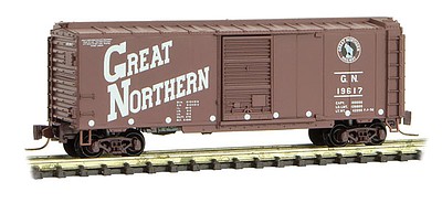 Micro-Trains 40 Single-Door Boxcar - Ready to Run Great Northern #19617 (Boxcar Red, Slanted Lettering, Circus Series #3) - Z-Scale