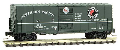 Micro-Trains 40 Single-Door Boxcar No Roofwalk - Ready to Run Northern Pacific 1034 (green, white, black, red, North Coast Limited Slogan) - Z-Scale
