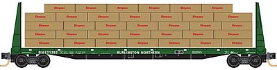 Micro-Trains 61 8 Bulkhead Flatcar with Lumber Load 4-Pack - Ready to Run Burlington Northern 621392, 621408, 621453, 621519 (Cascade Green, white) - N-Scale