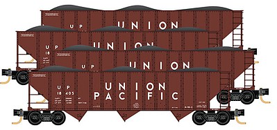 Micro-Trains 100-Ton 3-Bay Ribside Open Hopper w/Coal Load - Ready to Run Union Pacific (Boxcar Red, white) - N-Scale