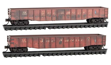 Micro-Trains 50 15-Panel, Fixed-End, Steel Gondola 2-Pack - Ready to Run Great Northern #72829, 72873 (red, Slanted Roadname, AEI Label) - N-Scale