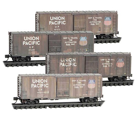 Micro-Trains 40 Single-Door Boxcar No Roofwalk 4-Pack - Ready to Run Union Pacific #107272, 107455, 107346, 107532 (Weathered, Boxcar Red, Automa - N-Scale