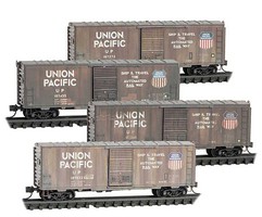 Micro-Trains 40' Single-Door Boxcar No Roofwalk 4-Pack Ready to Run Union Pacific #107272, 107455, 107346, 107532 (Weathered, Boxcar Red, Automa N-Scale