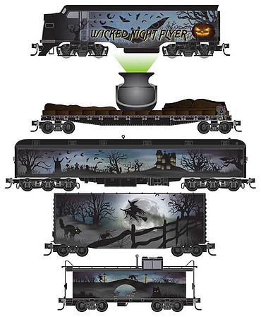Micro-Trains Wicked Night Flyer Halloween Train-Only Set - Standard DC EMD FT-A Diesel, 4 Cars, Cauldron Load Kit - N-Scale