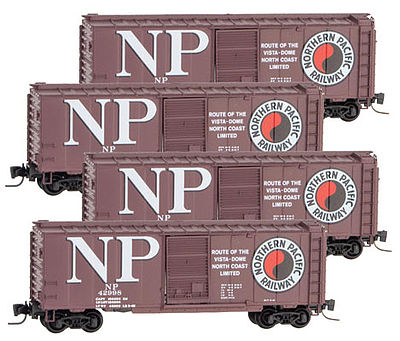 Micro-Trains 40 Single-Door Boxcar 4-Car Runner Pack - Ready to Run Northern Pacific #42998, 43066, 43070, 43255 (Boxcar Red, Billbaord NP & Log - Z-Scale