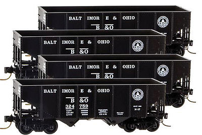 Micro-Trains 33 2-Bay Rib-Side Hopper 4-Car Runner Pack - Ready to Run Baltimore & Ohio #324752, 324759, 324760, 324793 (black, 13-States Logo) - Z-Scale