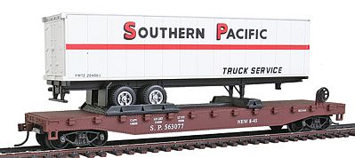 Model-Power 51 Heavyweight Flatcar w/ 40 SP Trailer w/Operating Doors HO Scale Model Railroad #98353