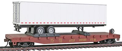 Model-Power 51 Heavyweight AT&SF Flatcar w/ 40 Trailer w/Operating Doors HO Scale Model Railroad #98362