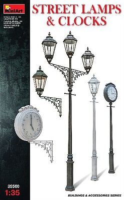 Mini-Art Assorted Street Lamps (3) & Clocks (2) Plastic Model Diorama Accessory 1/35 Scale #35560
