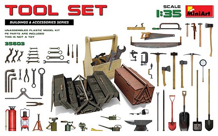 Mini-Art Tool Set- Various Tools & Boxes Plastic Model Military Diorama Accessories 1/35 Scale #35603
