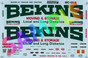 Microscale Bekins Moving & Storage 40 Tractor/Trailer (1970-1980) HO Scale Model Railroad Decal #4322