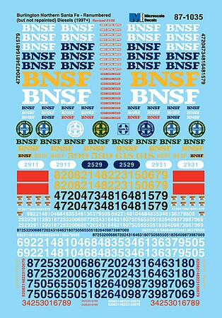 Microscale BNSF Renumbered Initials & Numbers for Repainted Diesels HO-Scale Model Railrod Decal #871035