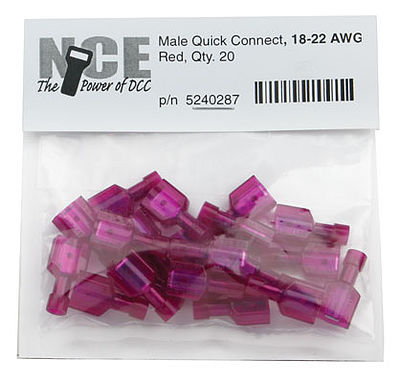 NCE Red Male Quick Connect (20) - 18-22 AWG Model Railroad Electrical Accessory #287
