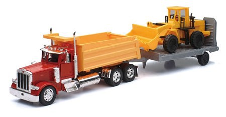 New-Ray 1/32 Peterbilt Dump Truck w/Flatbed Trailer & Front End Loader (Die Cast)