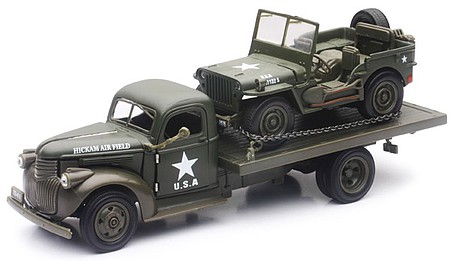 New-Ray 41 Chevy Military Flatbed truck w/ Willys Jeep Diecast Military Vehicle 1/32 Scale #61053