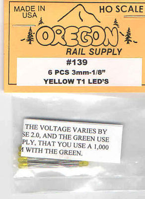 Oregon-Rail Yellow LEDs 1/8 (3mm) (6) HO Scale Model Railroad Light Bulb #139