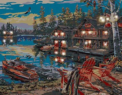 Plaid Loon Lake (Chairs at Dock/Cabin) (11x14) Beginner Paint By Number Kit #22064