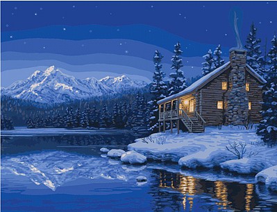 Plaid Quiet Camp (Cabin, Lake, Mountain, Night/Snow Scene)(20X16) Paint By Number Kit #26747