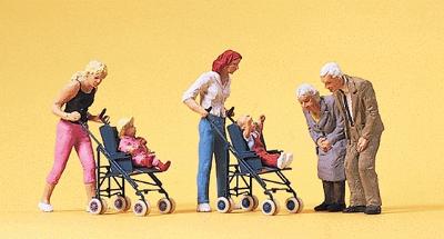 Preiser Mothers w/Children In Strollers & Grandparents Model Railroad Figures HO Scale #10493