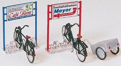 Preiser Bicycle Stand, Bicycles, Trailer Kit Model Railroad Building Accessory HO Scale #17163
