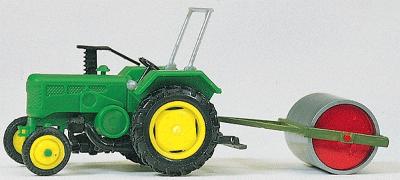 Preiser European Farm Machinery - Tractor Farm Tractor w/Roller (green, yellow) - HO-Scale
