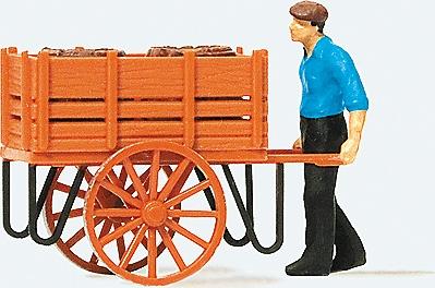 Preiser Worker Pushing Handcart with Load of Barrels Model Railroad Figure HO Scale #28131