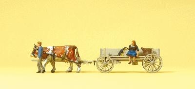 Preiser Horse-Drawn Farm Wagon with 2 Farmers, 2 Cows & Dog Model Railroad Figure HO Scale #30412