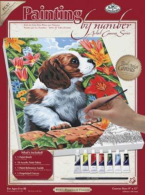 Royal-Brush PBN Canvas Puppy & Flowers 9x12 Paint By Number Kit #pcs7