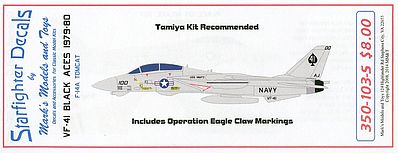 Starfighter F14A Tomcat VF41 Black Aces 1979-80 & Operation Eagles Claw Markings for TAM 1/350 #350103s