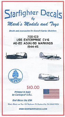 Starfighter USS Enterprise CV6 AG20/AG(N)90 1944-45 Plastic Model Aircraft Decal 1/700 Scale #700103