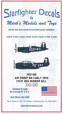 Starfighter USS Bunker Hill CV17 Air Group 84 Early Markings 1945 Model Aircraft Decal 1/700 #700105