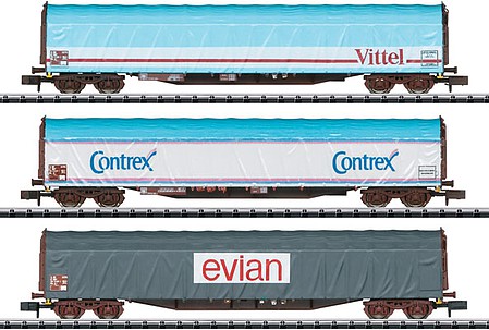 Trix Type Rils Sliding-Tarp Flatcar 3-Pack - Ready to Run - Minitrix French State Railways SNCF (Era V, Vittel, Contrex, Evian Mineral Water Sche - N-Scale