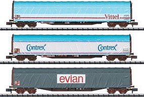 Trix Type Rils Sliding-Tarp Flatcar 3-Pack Ready to Run Minitrix French State Railways SNCF (Era V, Vittel, Contrex, Evian Mineral Water Sche N-Scale