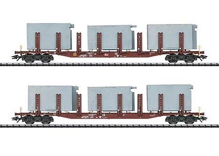 Trix Type Snps 719 4-Axle Flatcar with Bathing System Load 2-Pack - Ready to Run German Railroad DB AG (Era IV, Boxcar Red)