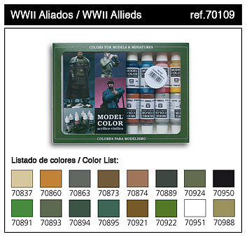 Vallejo 17ml Bottle WWII Allied Model Color Paint Set (16 Colors) Hobby and Model Paint Set #70109
