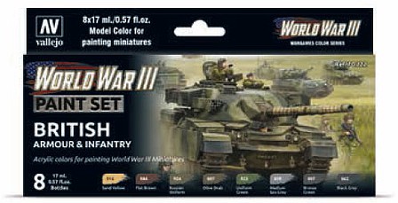 Vallejo British Armour & Infantry WWIII Wargames Paint Set (8 Colors) Hobby and Model Paint Set #70222