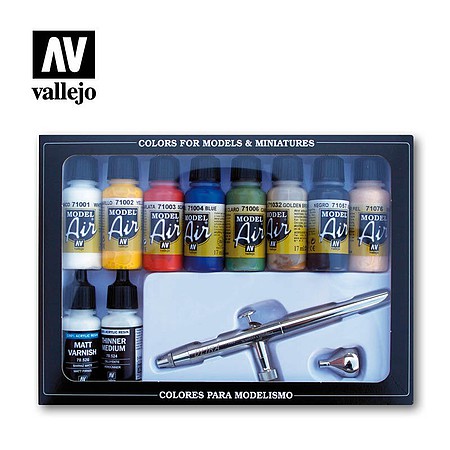 Vallejo Basic Model Air Colors with Airbrush (10) Hobby and Model Acrylic Paint Set #71167
